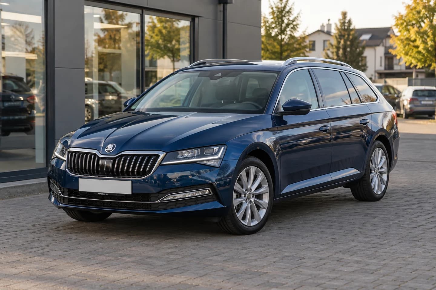 Modrá Škoda Superb Combi před evropským autosalonem