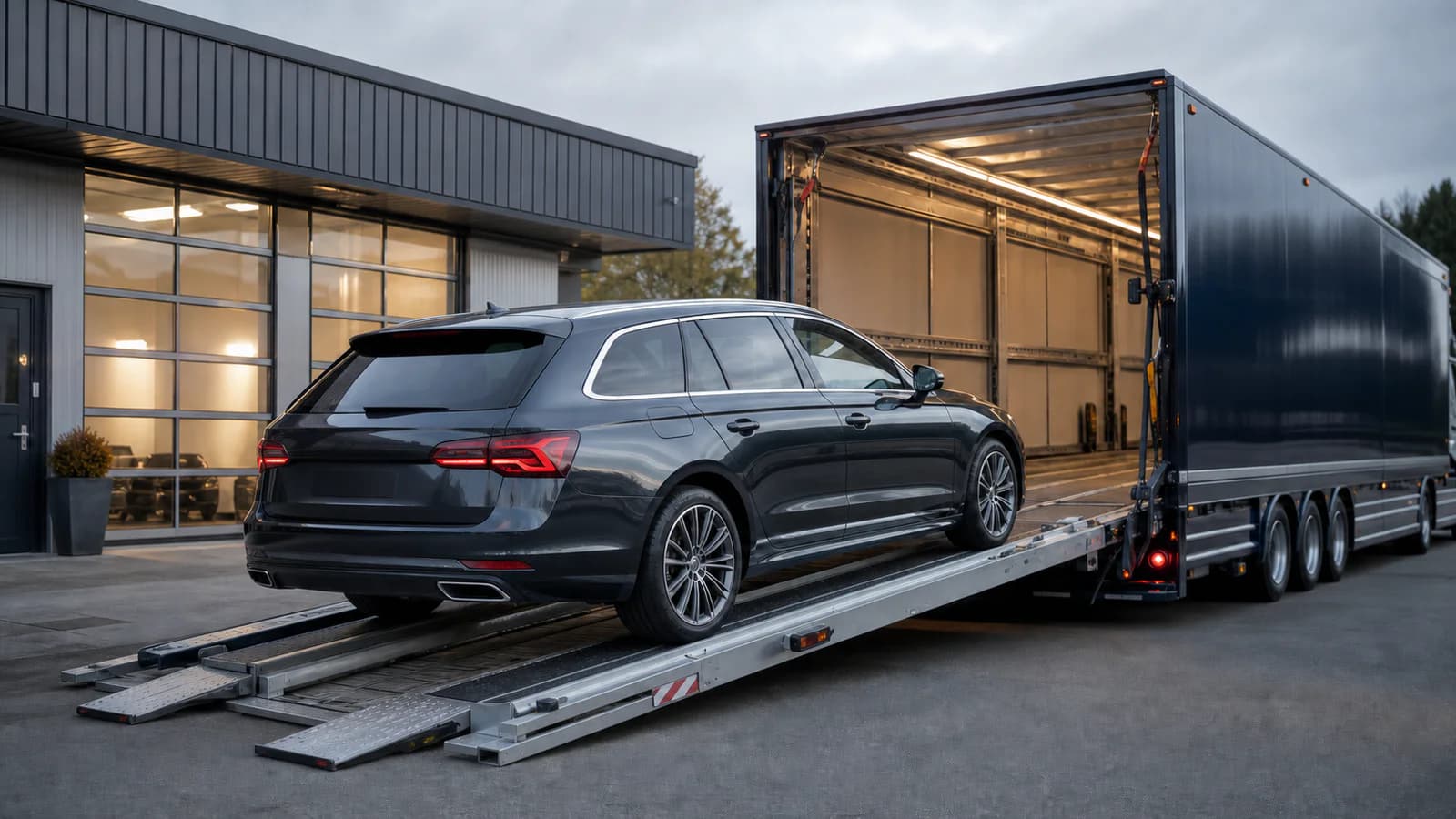 A car being moved on a specialist vehicle transporter