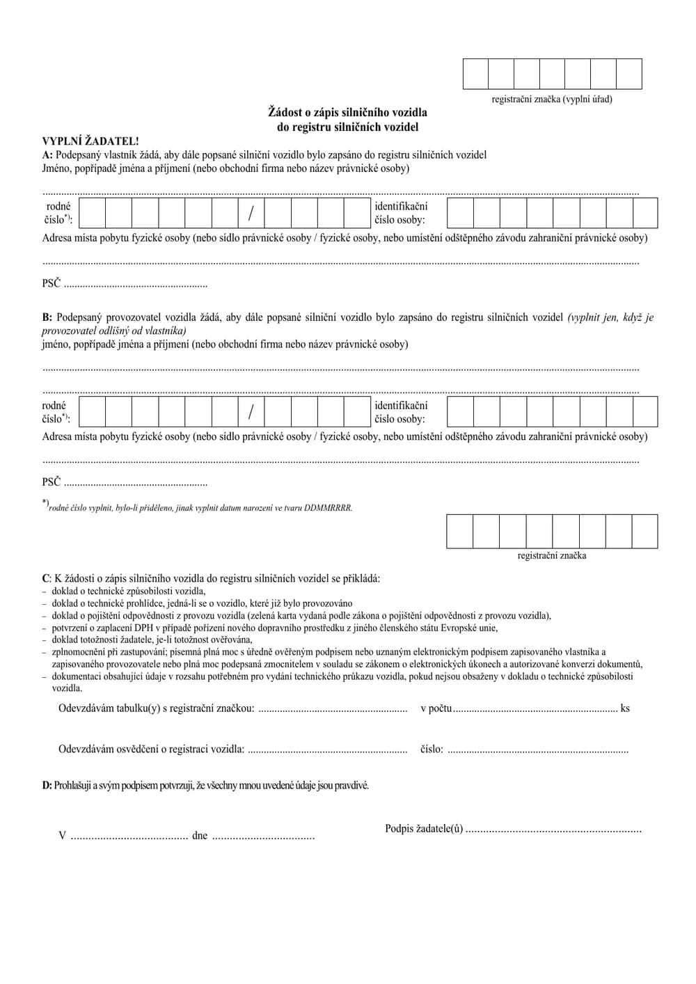 Leeres amtliches Formular des tschechischen Verkehrsministeriums zur Fahrzeugzulassung